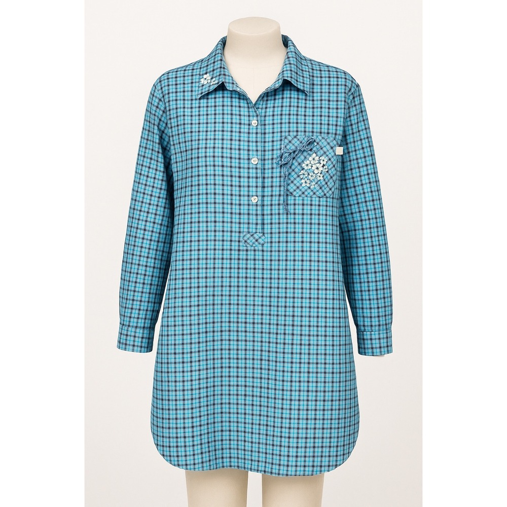 Vintage Karen Neuburger Embroidered Flannel‎ Pajama Top Size L Blue Floral Plaid